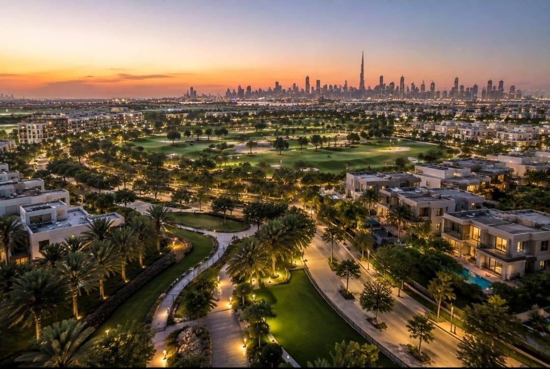 Green master-planned community of Dubai Hills Estate at sunset with Downtown skyline