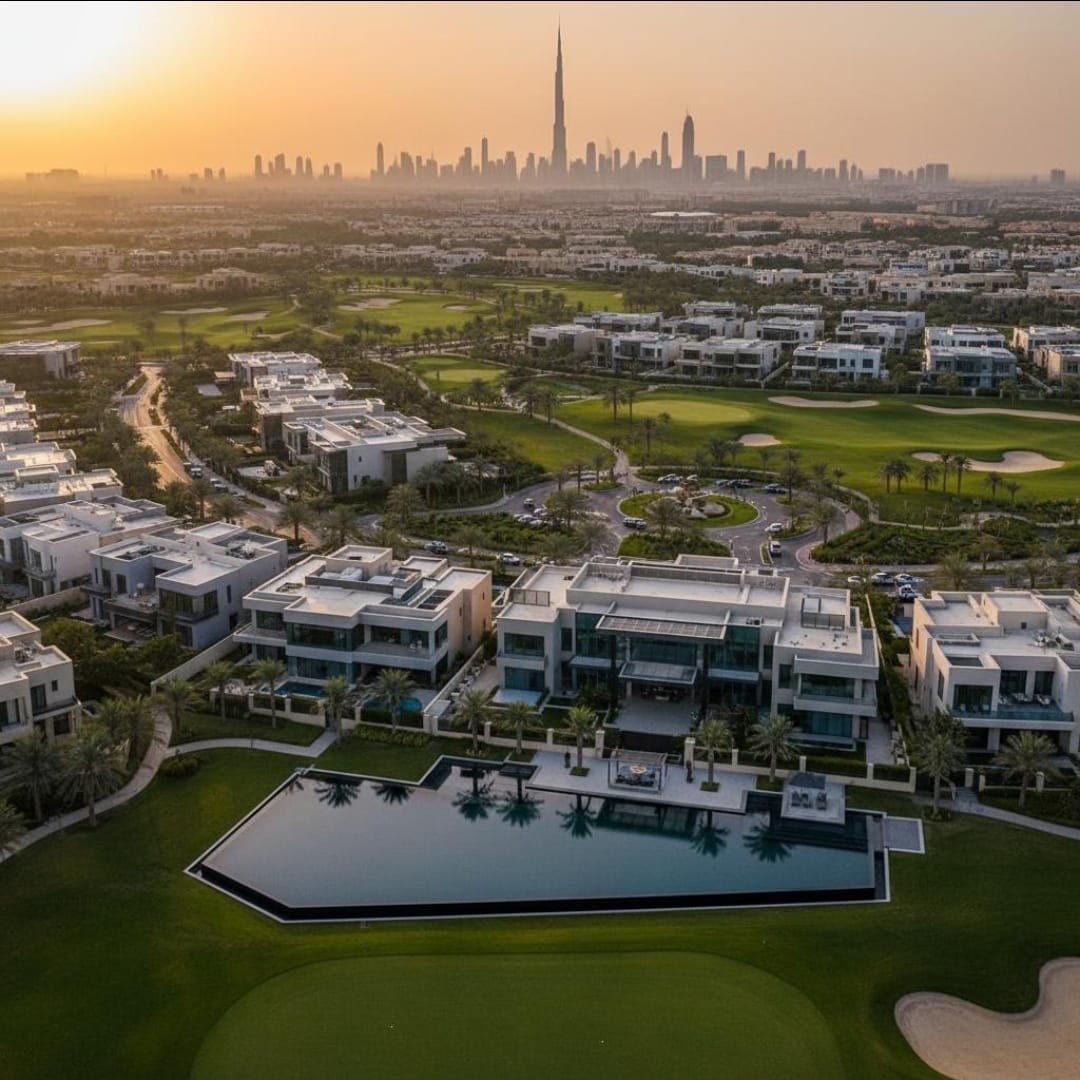 Aerial view of Dubai Hills Estate villas, greenery and the Dubai skyline