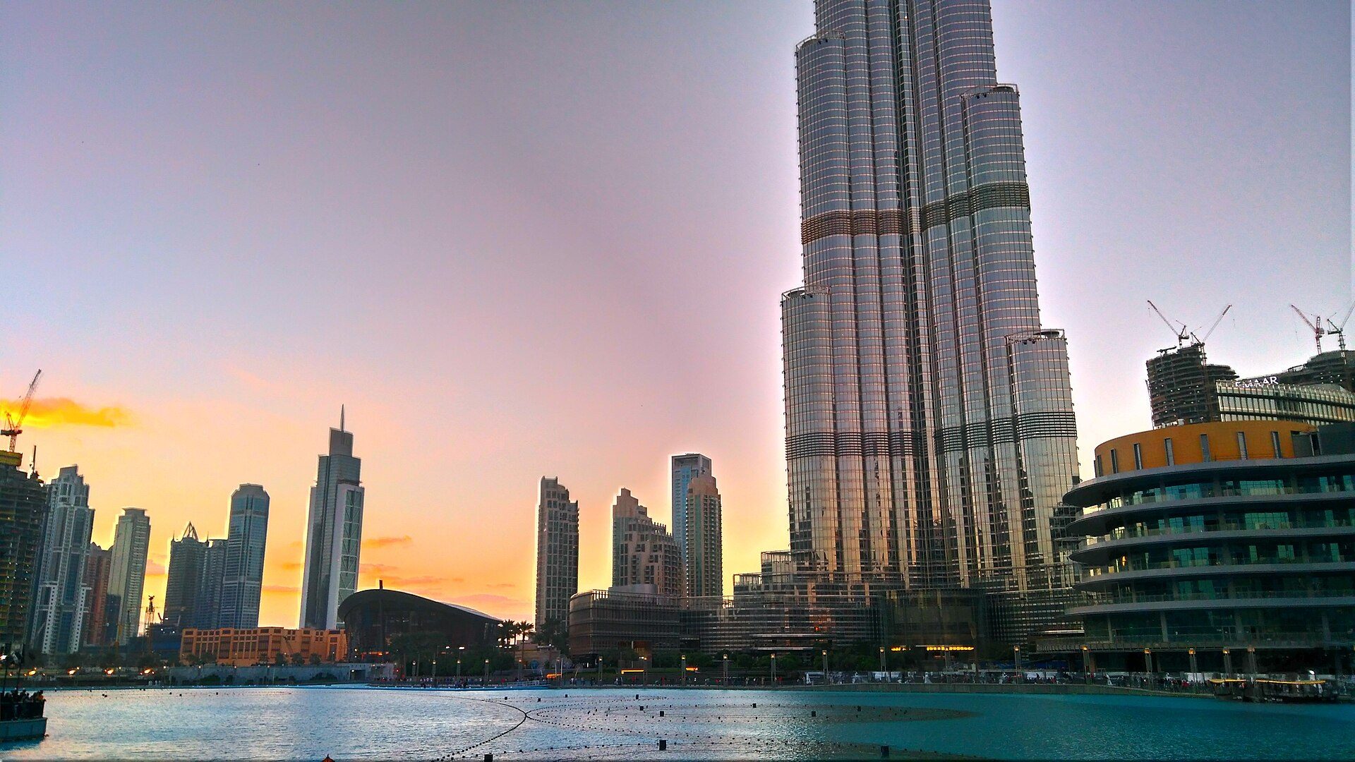 Downtown Dubai skyline with the Burj Khalifa at sunset