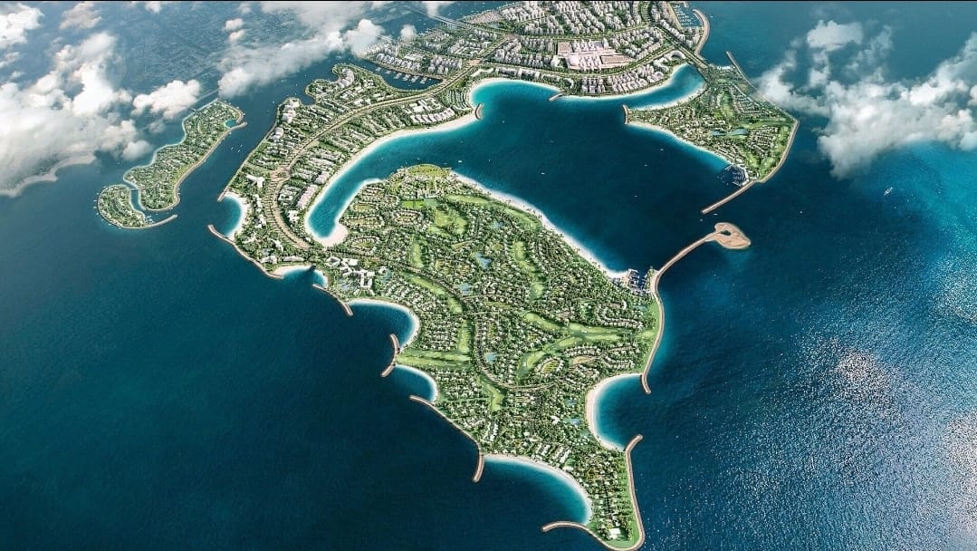 Aerial view of Dubai Islands surrounded by turquoise sea