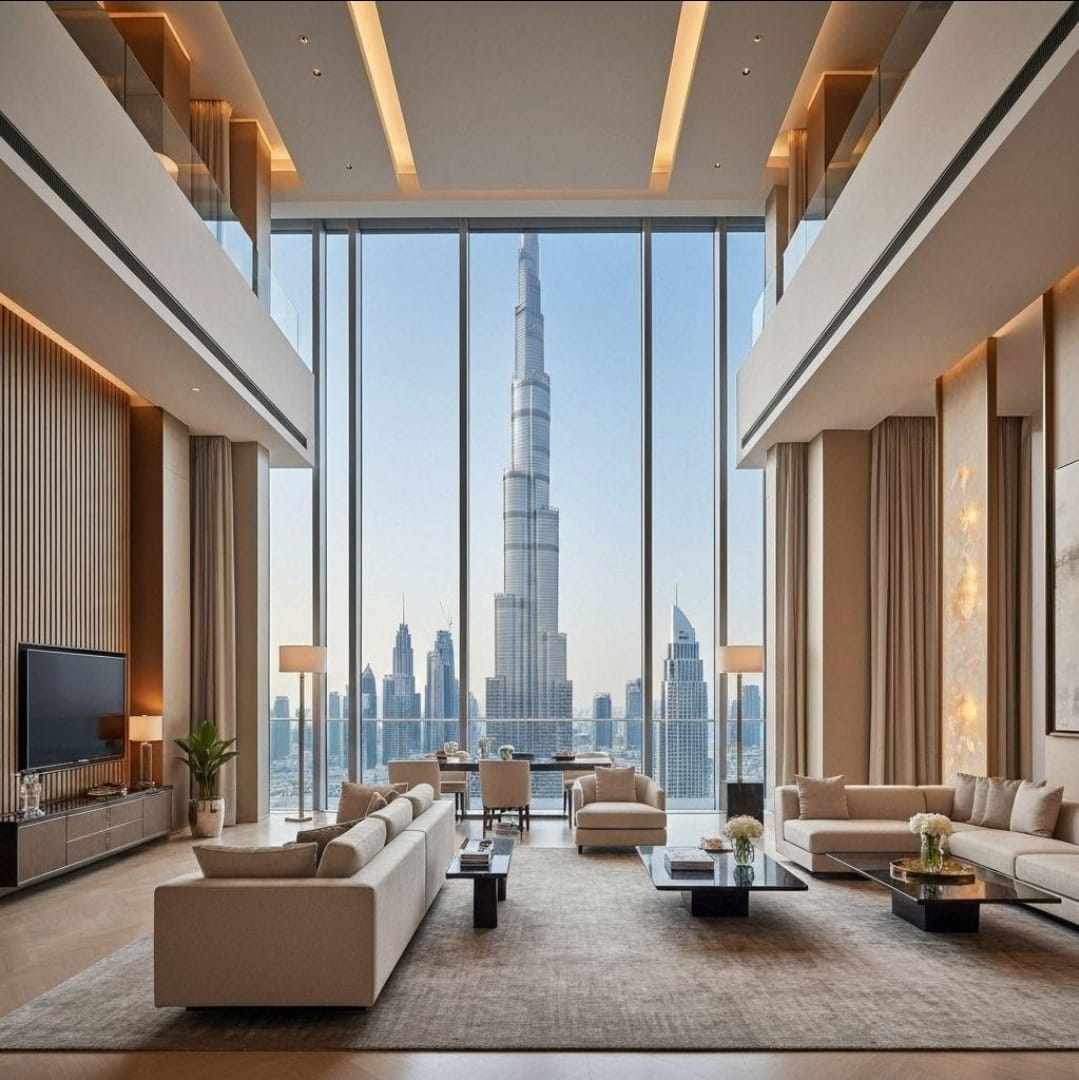 Luxury penthouse interior with Burj Khalifa view