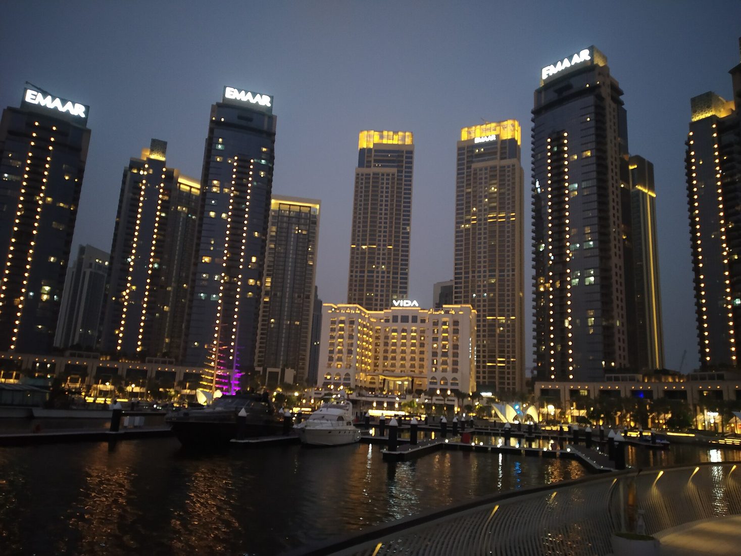 Illuminated residential towers at Dubai Creek Harbour